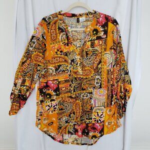 Woman Manhattan Blues Orange Colorful Paisley Pattern V Neck Top Blouse Size 1XL